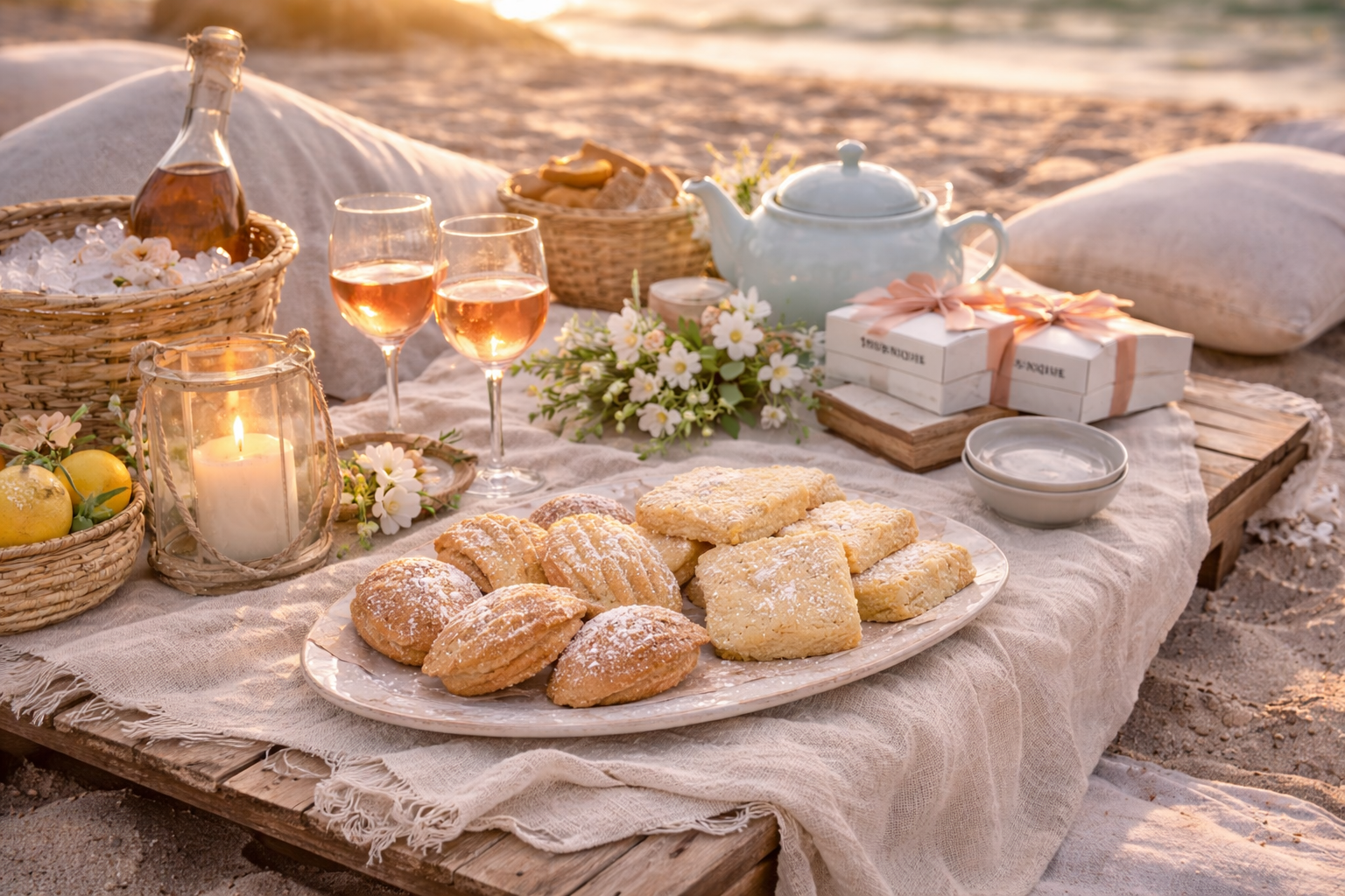 Beach picnic setup with bakery treats
