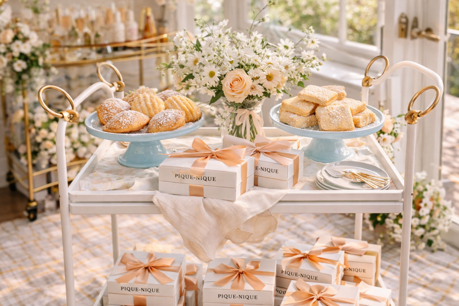 Bridal shower pastry cart with florals