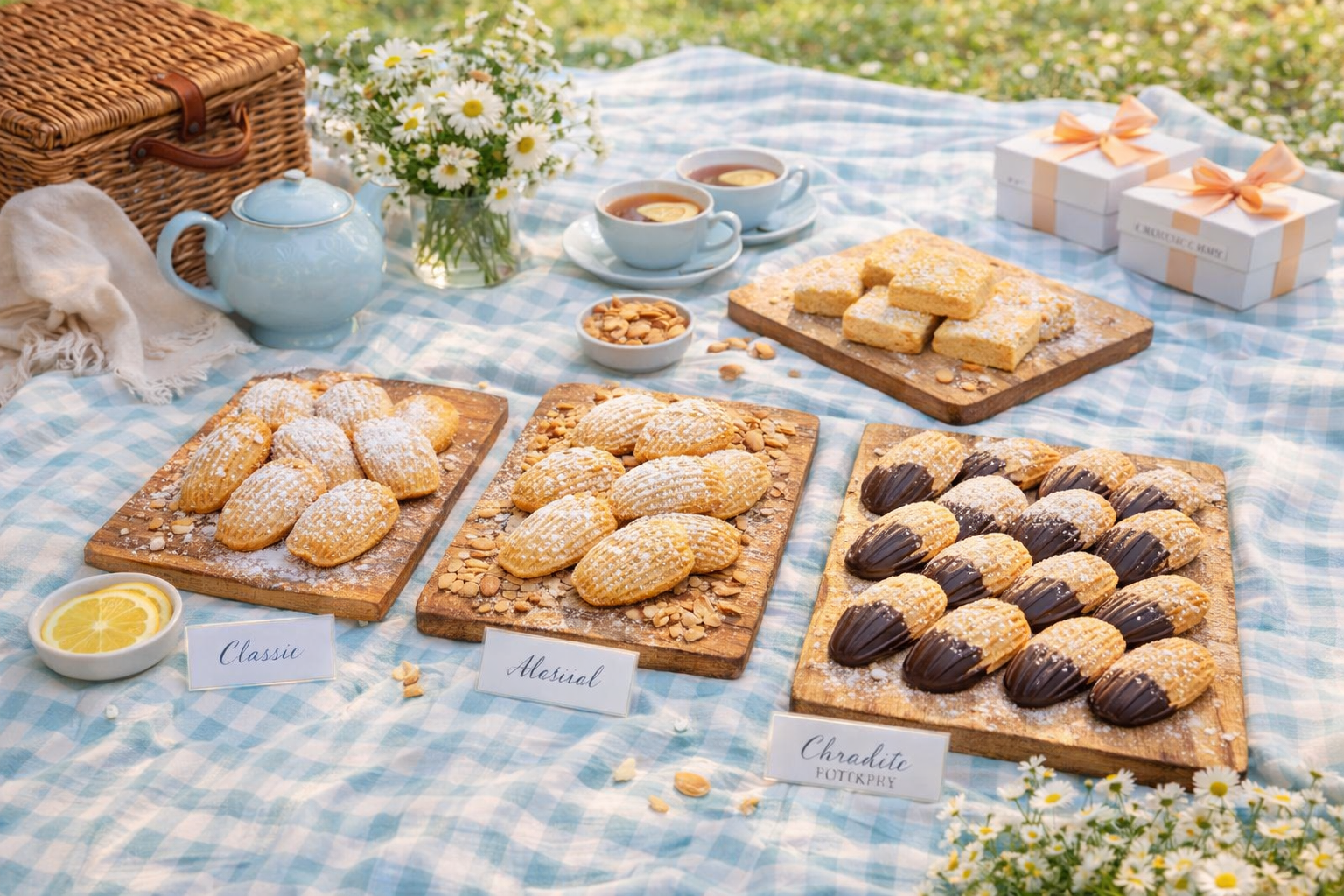 Lifestyle picnic scene with pastries, linens, and florals
